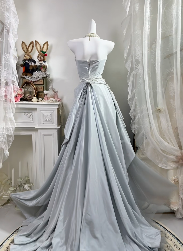 Strapless A Line Gray Blue Formal Prom Dress Sweet Birthday Dress   P1838