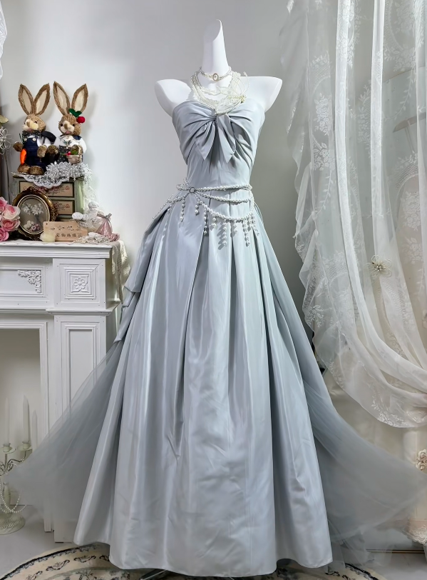 Strapless A Line Gray Blue Formal Prom Dress Sweet Birthday Dress   P1838