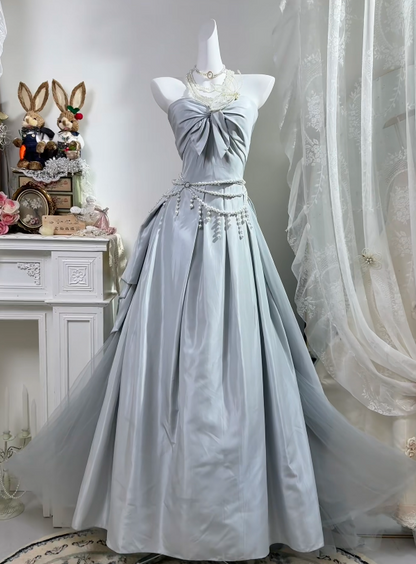 Strapless A Line Gray Blue Formal Prom Dress Sweet Birthday Dress   P1838