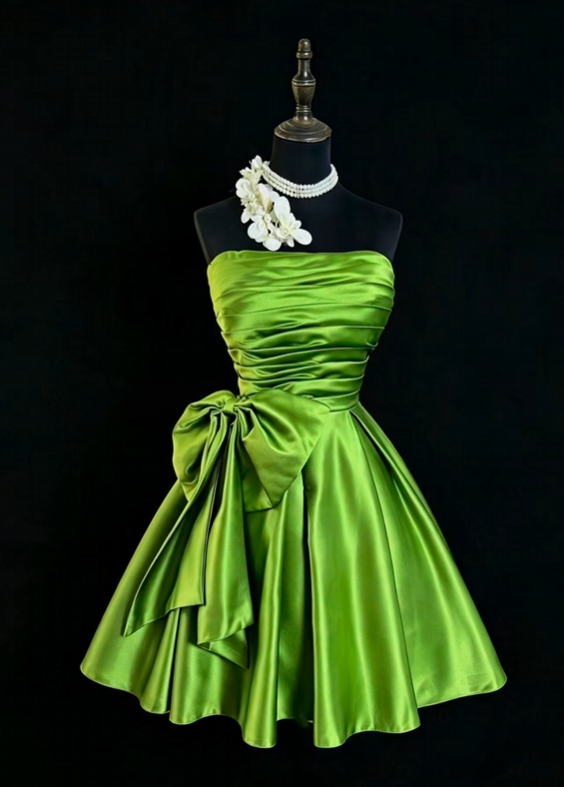 Strapless A Line Green Satin Homecoming Dress  P2033