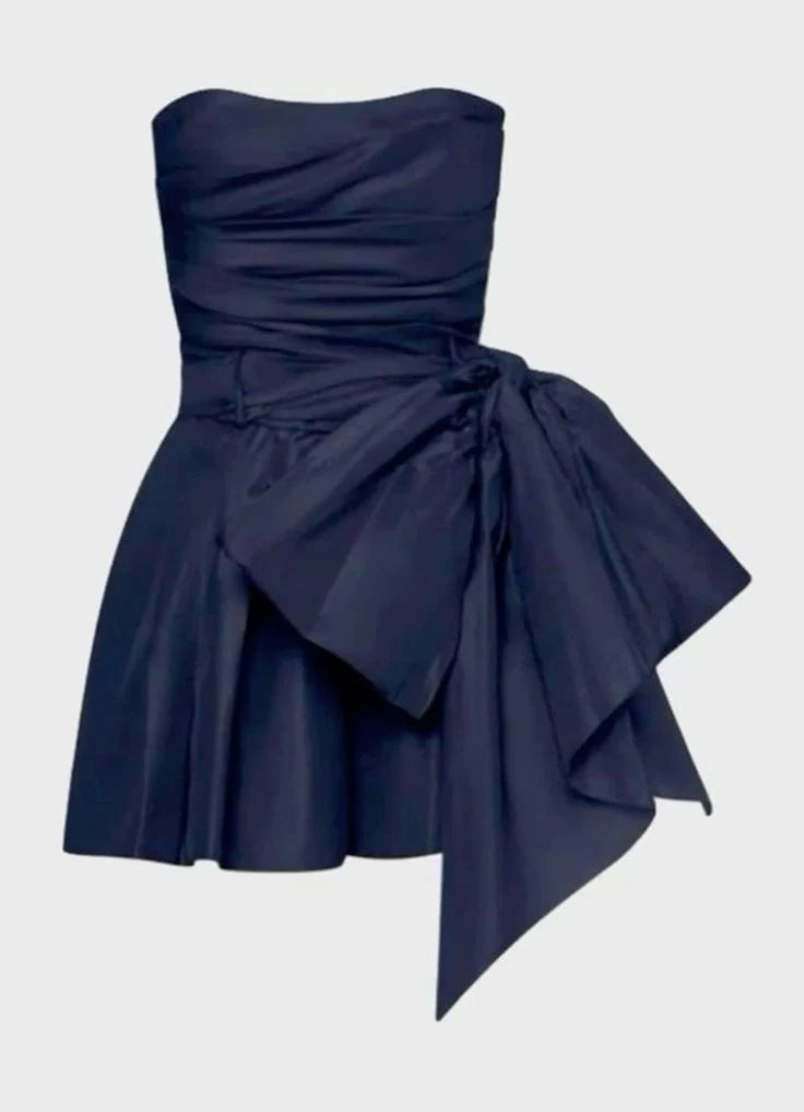 Strapless A Line Navy Blue Satin Homecoming Dress  P1344