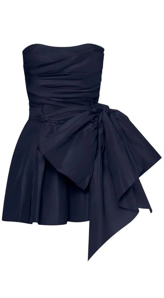 Strapless A Line Navy Blue Satin Homecoming Dress  P1344