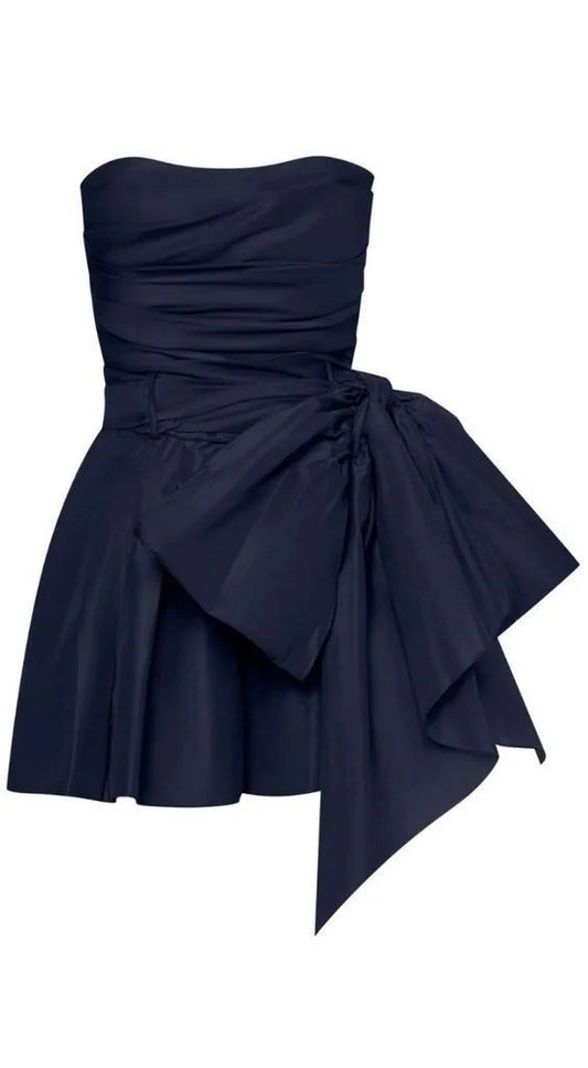 Strapless A Line Navy Blue Satin Homecoming Dress  P1344