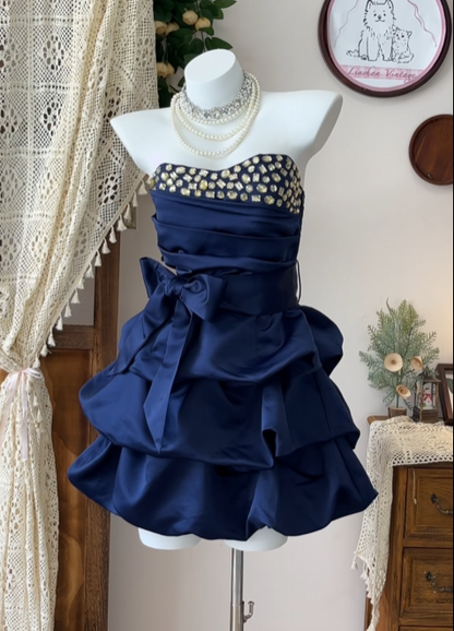 Strapless A Line Navy Blue Satin Homecoming Dress  P1475