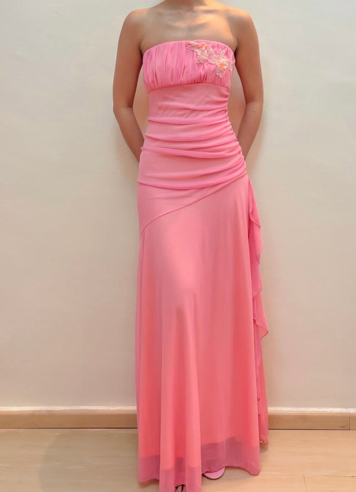 Strapless A Line Pink Chiffon Prom Dress Wedding Guest Dress  P899