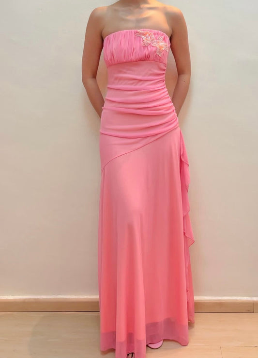 Strapless A Line Pink Chiffon Prom Dress Wedding Guest Dress  P899
