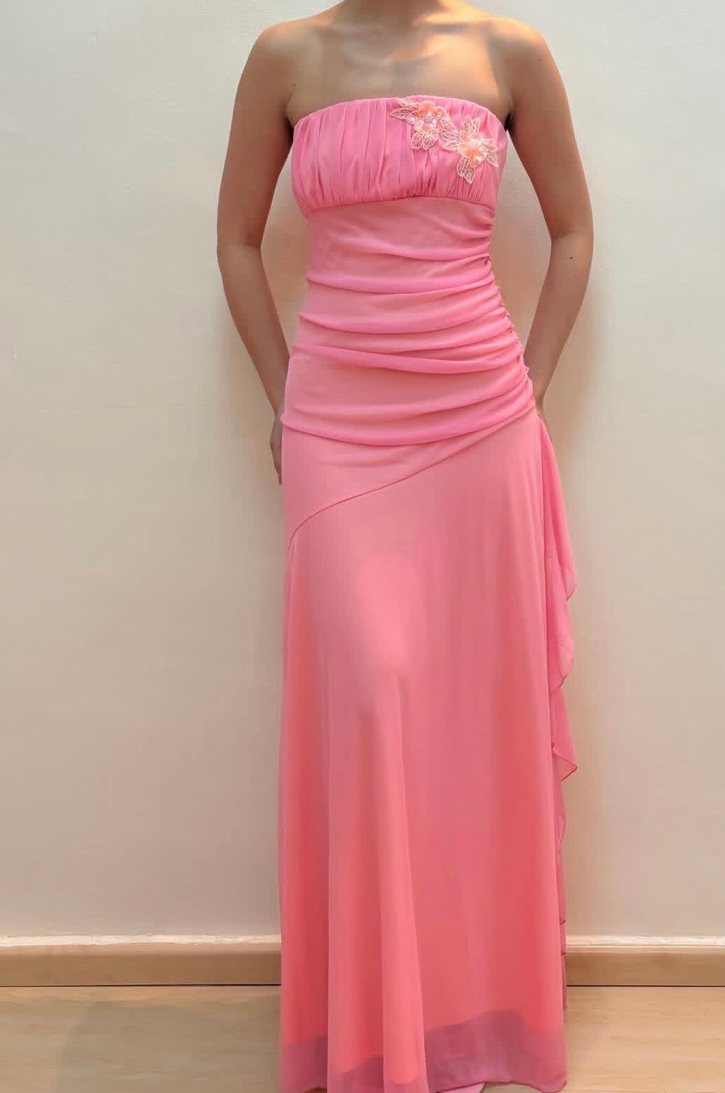 Strapless A Line Pink Chiffon Prom Dress Wedding Guest Dress  P899