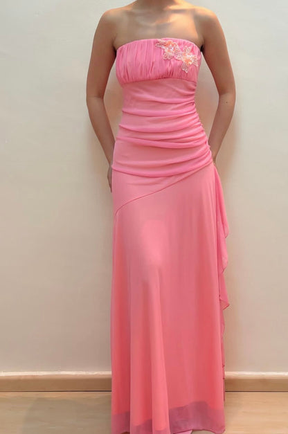 Strapless A Line Pink Chiffon Prom Dress Wedding Guest Dress  P899