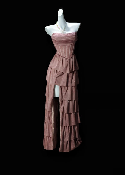 Strapless A Line Pink Layered Formal Prom Dress With Slit  P2427