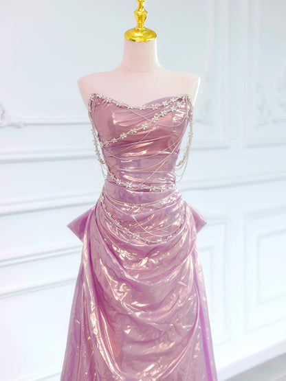 Strapless A Line Pink Prom Dress Laser Satin Birthday Gown  P795