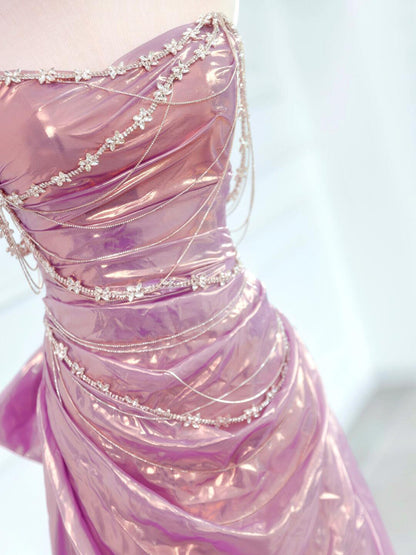 Strapless A Line Pink Prom Dress Laser Satin Birthday Gown  P795