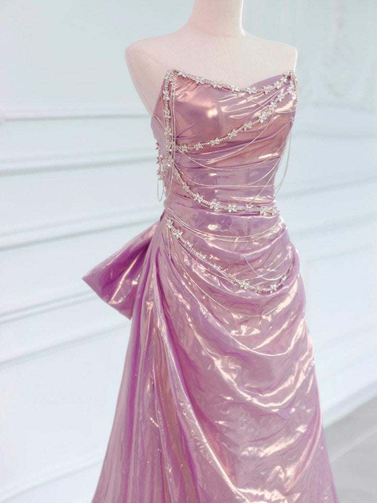 Strapless A Line Pink Prom Dress Laser Satin Birthday Gown  P795