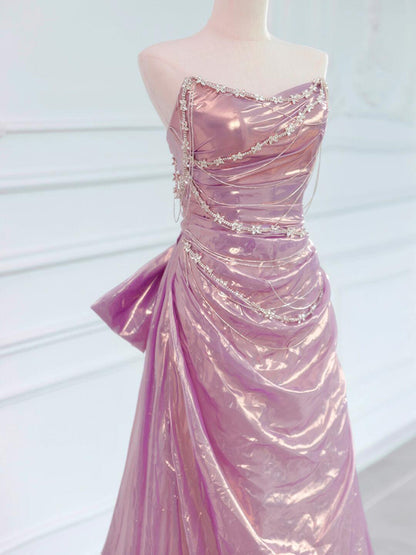 Strapless A Line Pink Prom Dress Laser Satin Birthday Gown  P795