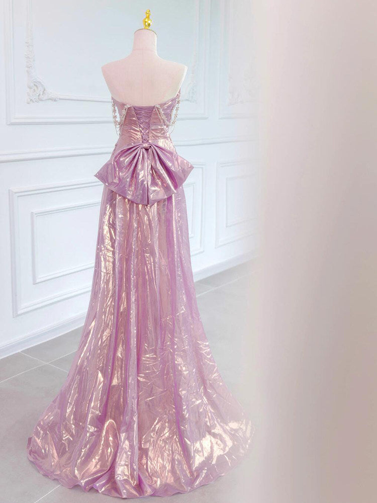 Strapless A Line Pink Prom Dress Laser Satin Birthday Gown  P795