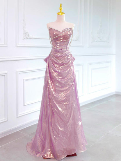 Strapless A Line Pink Prom Dress Laser Satin Birthday Gown  P795