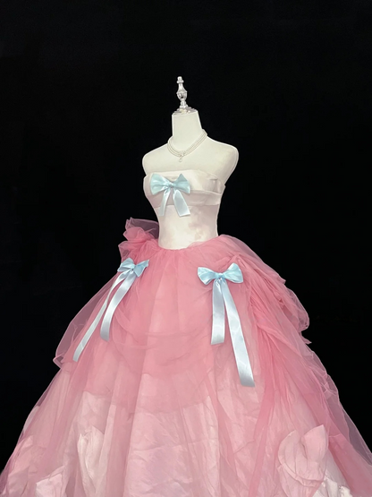 Strapless A Line Pink Prom Dress With Bow Sweet Birthday Dress For Teens  P1168