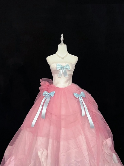 Strapless A Line Pink Prom Dress With Bow Sweet Birthday Dress For Teens  P1168