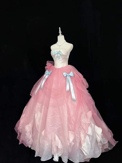 Strapless A Line Pink Prom Dress With Bow Sweet Birthday Dress For Teens  P1168
