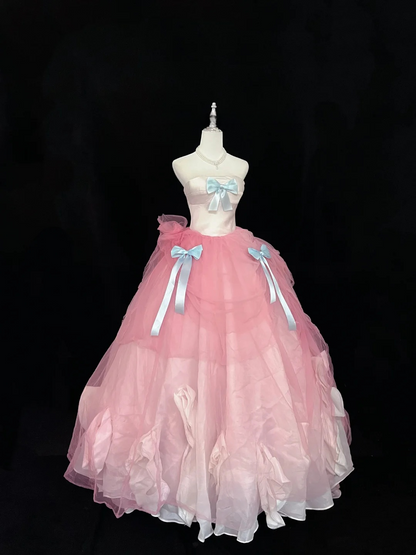 Strapless A Line Pink Prom Dress With Bow Sweet Birthday Dress For Teens  P1168