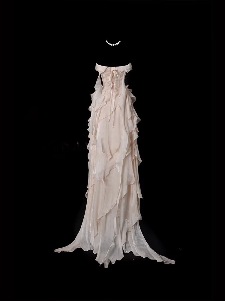 Strapless A Line Pink Ruffled Prom Dress Layered Formal Party Gown  P694