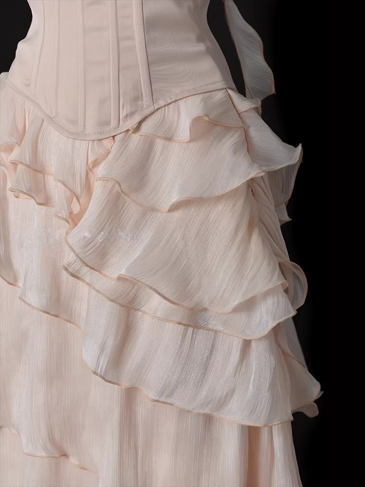 Strapless A Line Pink Ruffled Prom Dress Layered Formal Party Gown  P694