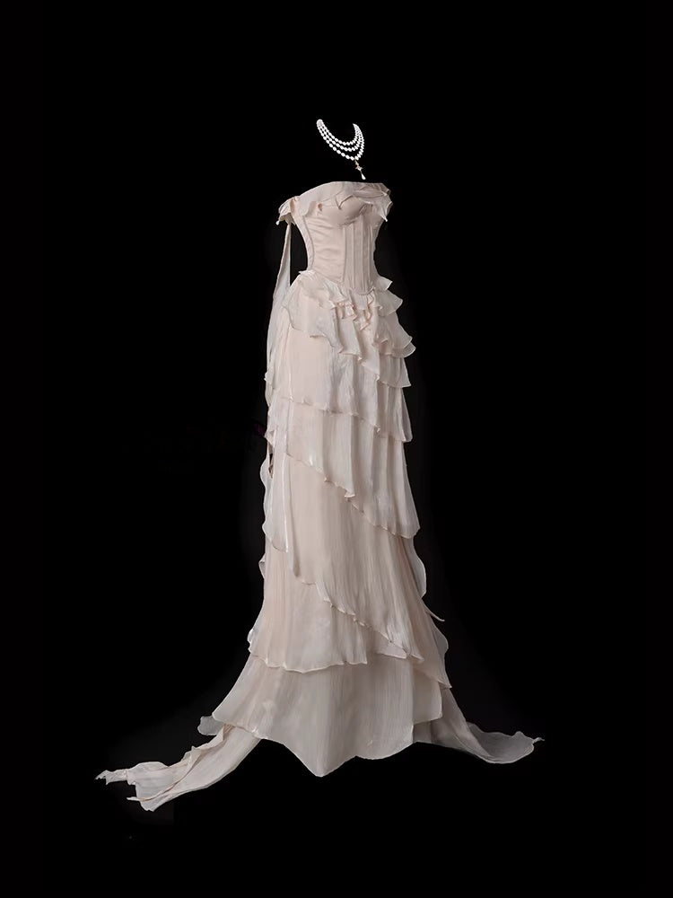 Strapless A Line Pink Ruffled Prom Dress Layered Formal Party Gown  P694
