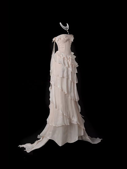 Strapless A Line Pink Ruffled Prom Dress Layered Formal Party Gown  P694