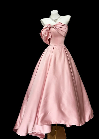 Strapless A Line Pink Satin Formal Prom Dress Sweet Evening Gowns  P1985