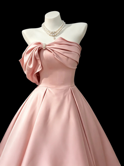Strapless A Line Pink Satin Formal Prom Dress Sweet Evening Gowns  P1985