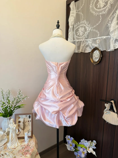 Strapless A Line Pink Satin Homecoming Dress Short Birthday Dress  P1896