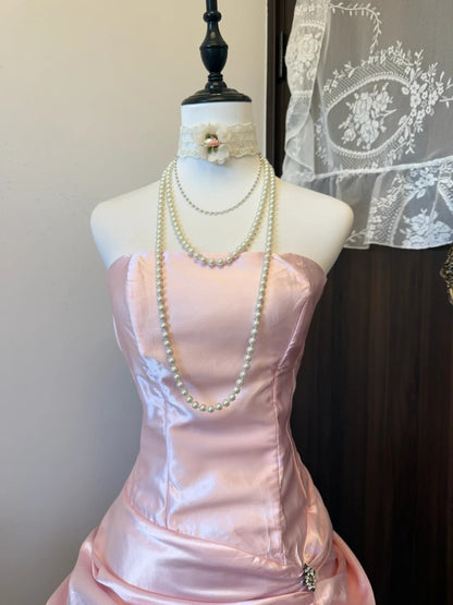 Strapless A Line Pink Satin Homecoming Dress Short Birthday Dress  P1896