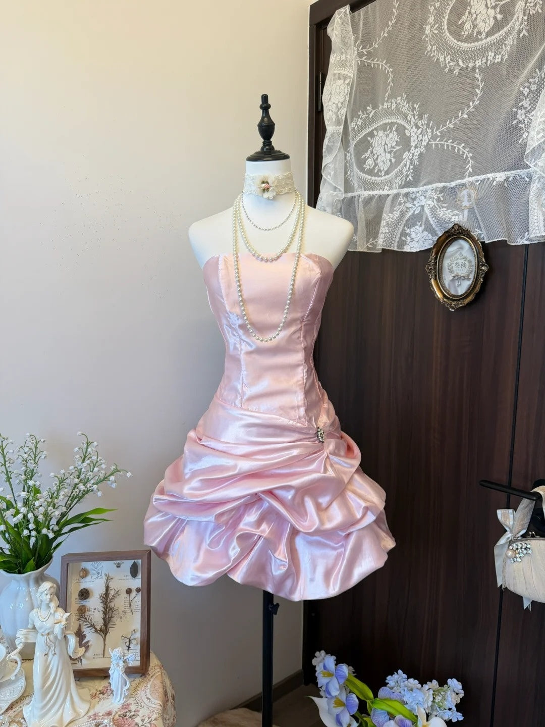 Strapless A Line Pink Satin Homecoming Dress Short Birthday Dress  P1896