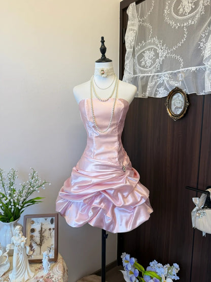 Strapless A Line Pink Satin Homecoming Dress Short Birthday Dress  P1896