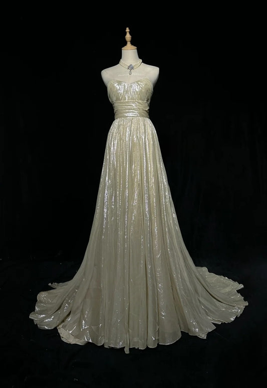 Strapless A Line Retro Formal Prom Dress Pleated Evening Gown   P2632