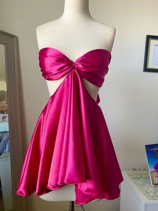 Strapless A Line Rose Pink Satin Homecoming Dress  P1801
