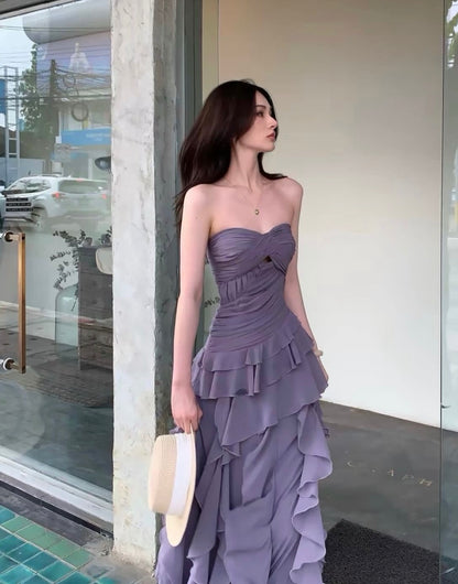 Strapless A Line Ruffled Prom Dress Chiffon Formal Wedding Guest Dress  P1607