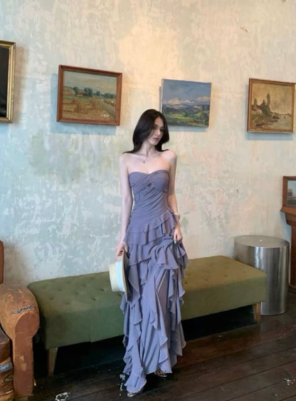 Strapless A Line Ruffled Prom Dress Chiffon Formal Wedding Guest Dress  P1607