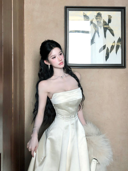 Strapless A Line Satin Prom Dress Elegant Birthday Dress  P706