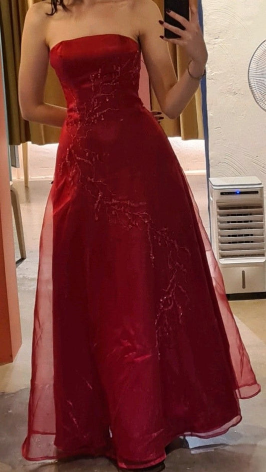 Strapless A Line Satin Retro Prom Dress Beaded Evening Gown  P2599