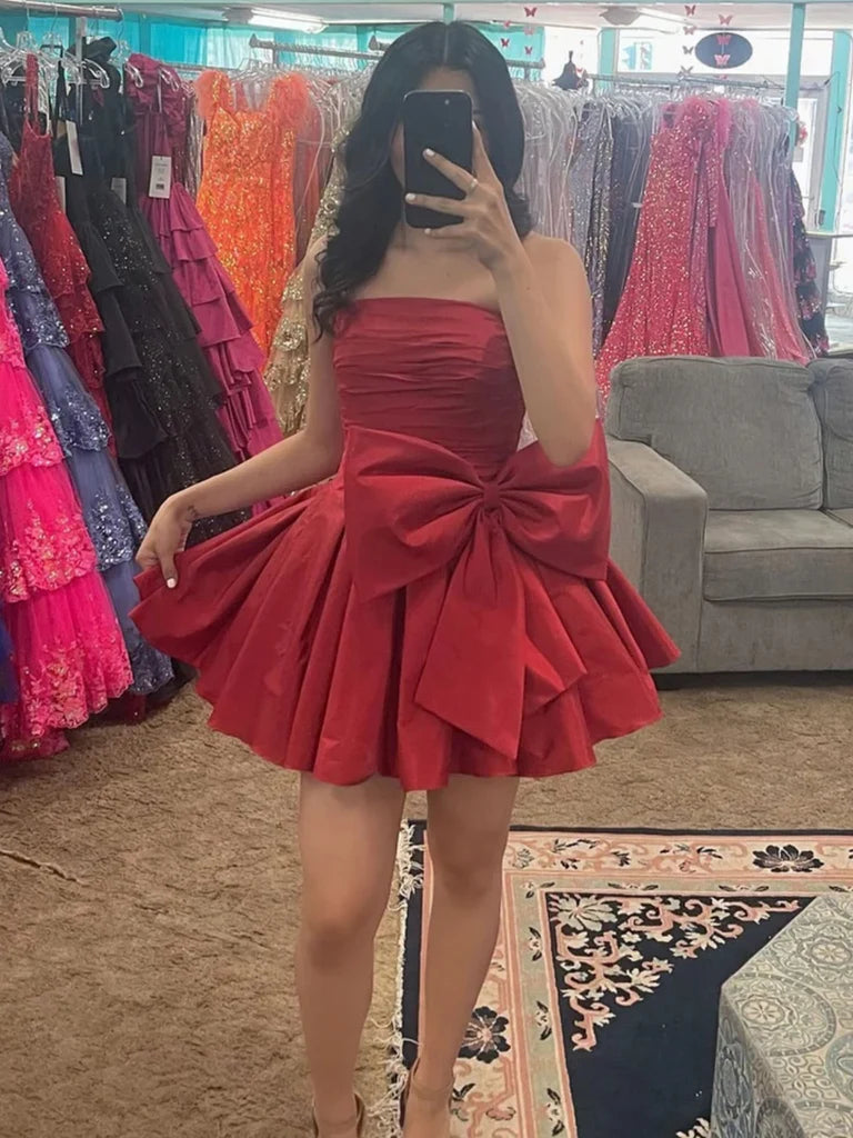 Strapless A Line Satin Short Homecoming Dress With Bow Knot  P2307