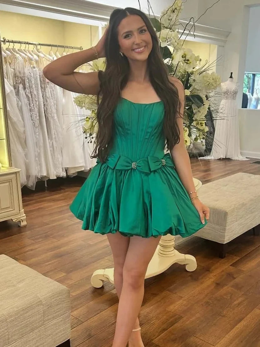 Strapless A Line Satin Short Homecoming Dress With Bow Knots  P2267