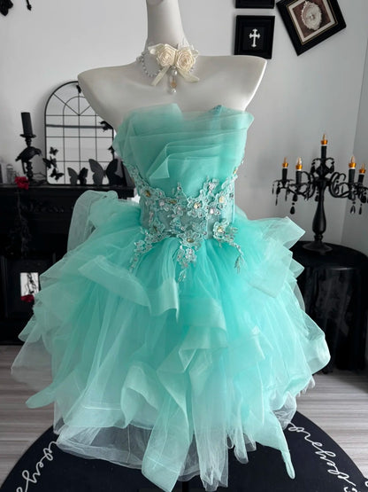 Strapless A Line Tulle Birthday Dress Ruffled Homecoming Dress  P2399