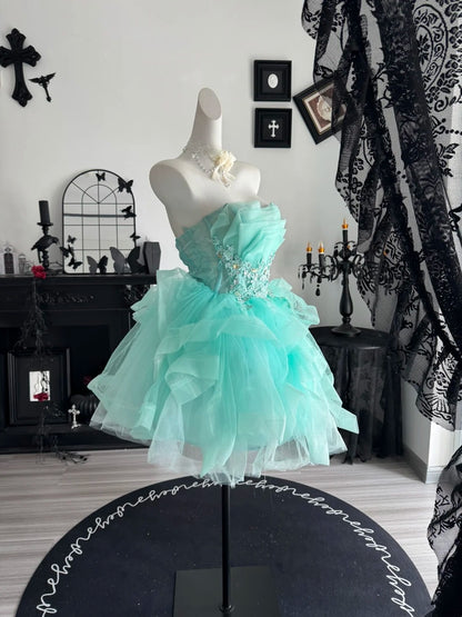 Strapless A Line Tulle Birthday Dress Ruffled Homecoming Dress  P2399