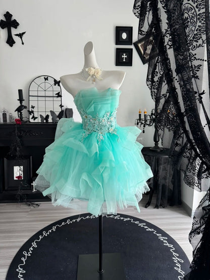 Strapless A Line Tulle Birthday Dress Ruffled Homecoming Dress  P2399