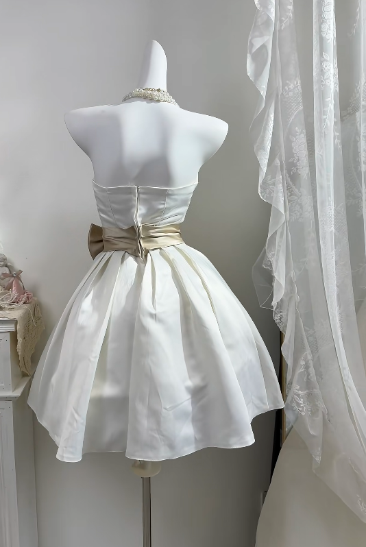Strapless A Line White Satin Homecoming Dress Short Birthday Dress  P2029