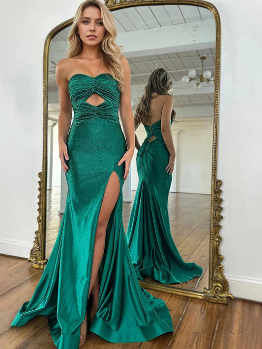 Strapless Beaded Green Mermaid Prom Dress With Slit  P2591