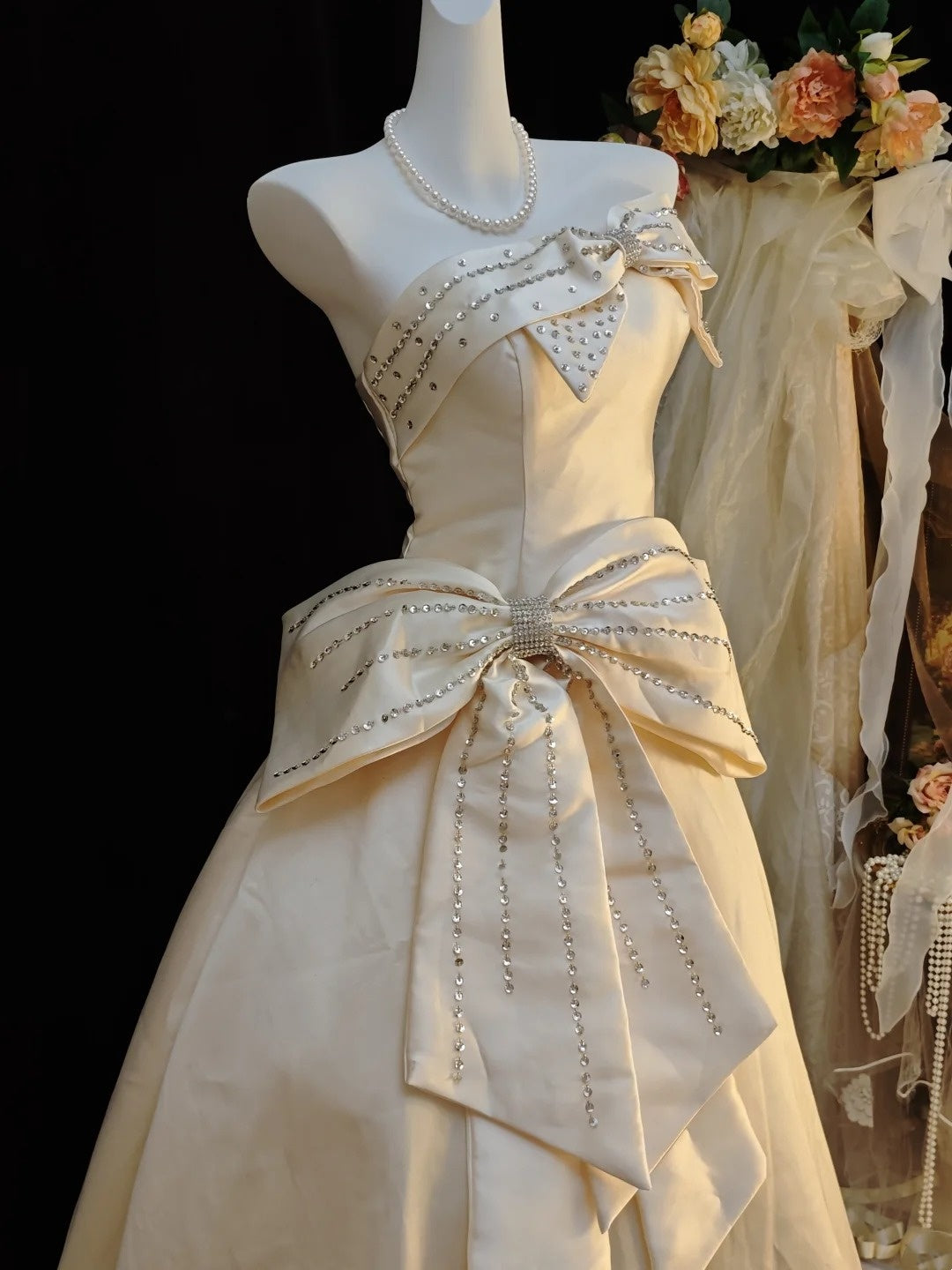 Strapless Beige Satin Formal Prom Dress Beaded Bow Knot Birthday Gown   P1854