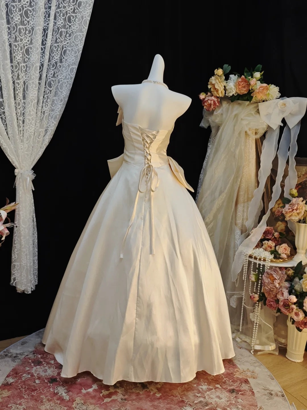 Strapless Beige Satin Formal Prom Dress Beaded Bow Knot Birthday Gown   P1854