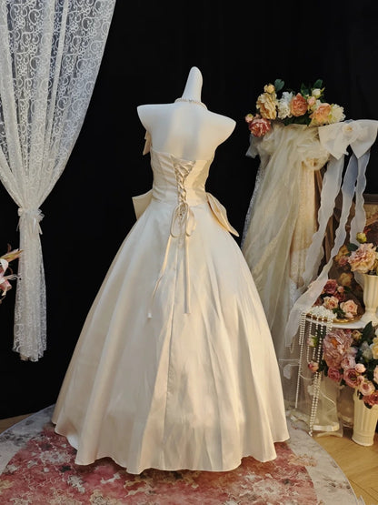 Strapless Beige Satin Formal Prom Dress Beaded Bow Knot Birthday Gown   P1854