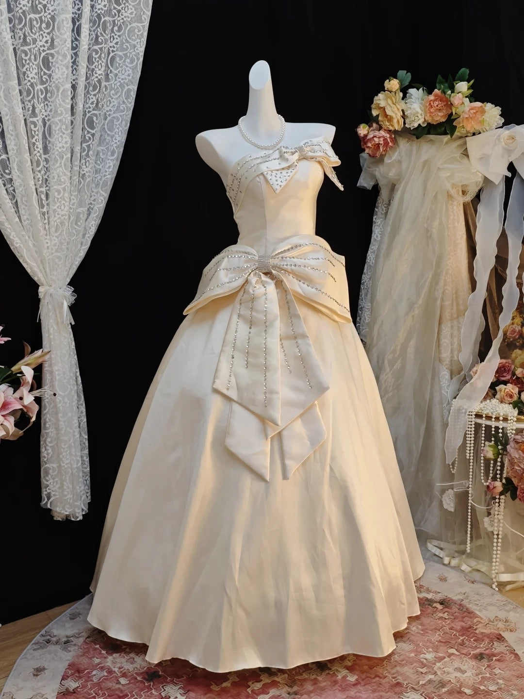 Strapless Beige Satin Formal Prom Dress Beaded Bow Knot Birthday Gown   P1854